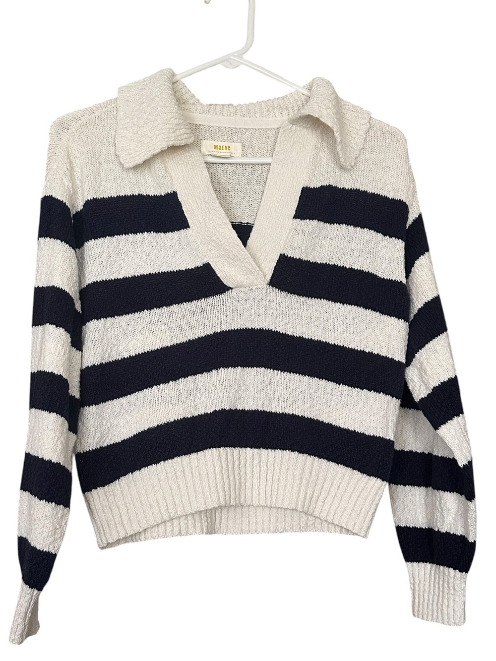 Maeve‎ by Anthropologie Striped V-Neck Cream & Navy Cropped Sweater Size XS 📦